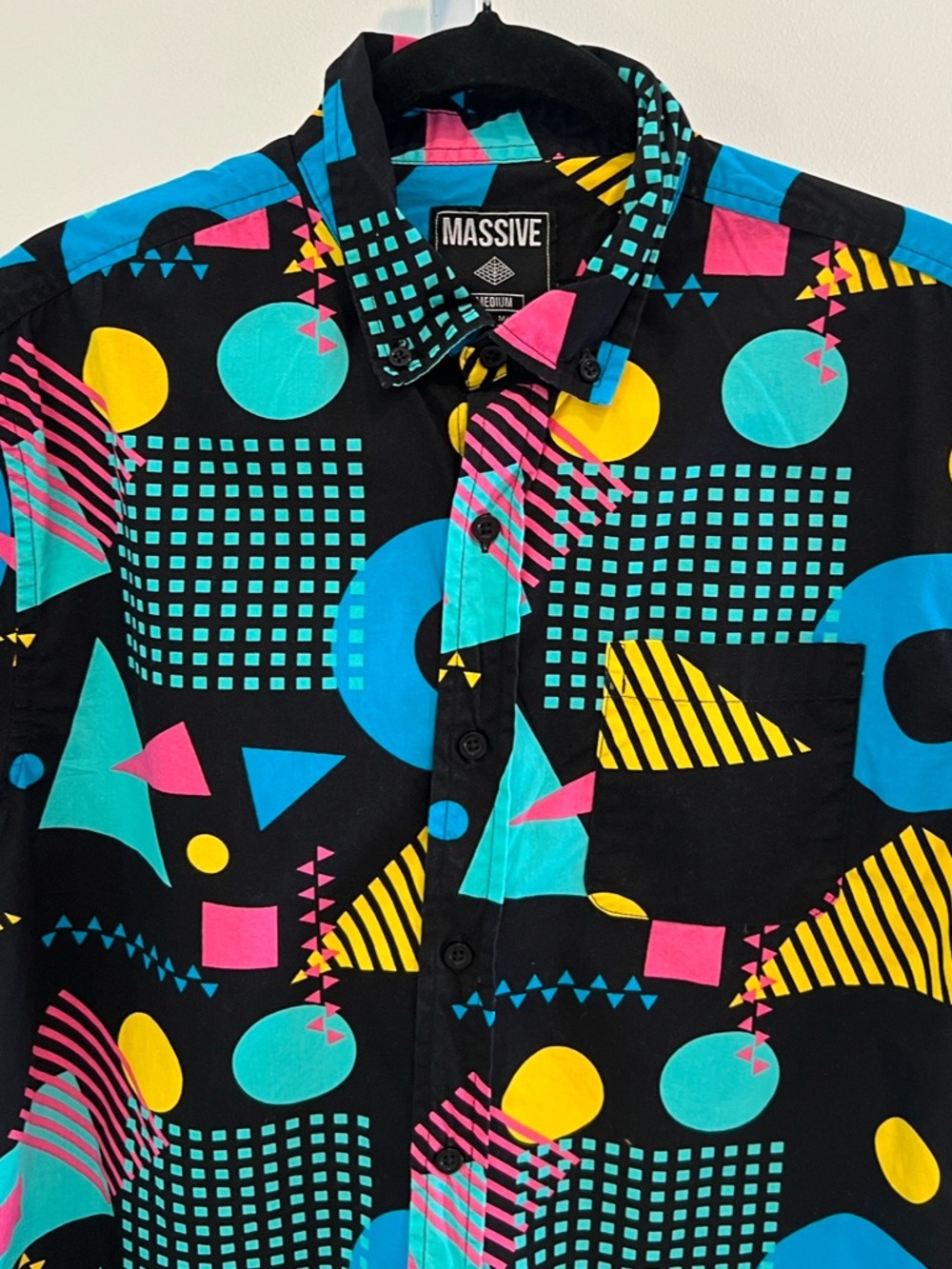 80s Print Geometric Black Yellow Blue Rad SS Button Down Shirt Mens Sz Medium - Picture 2 of 11